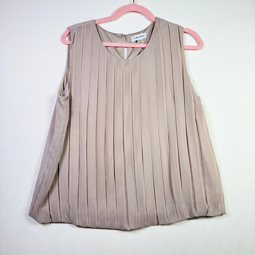 CALVIN KLEIN Taupe Pleated Front Sleeveless Blouse Shell XL